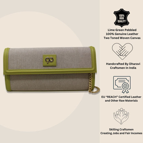 90 Feet Kaya Lime Green Premium Genuine Leather and Canvas Clutch Bag